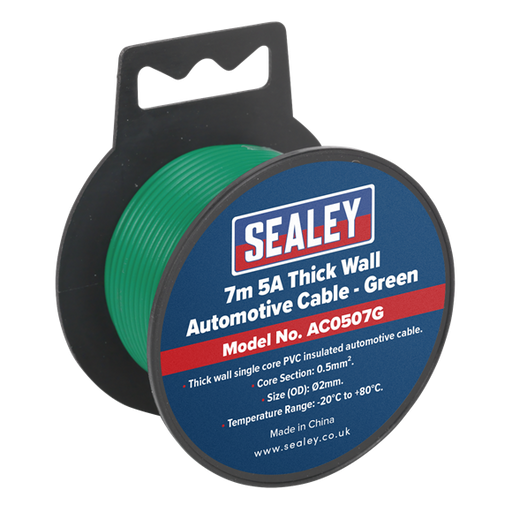 Sealey Automotive Cable Thick Wall 5A 7m Green AC0507G Sealey  - Dynamic Drive