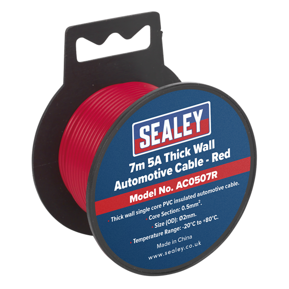 Sealey Automotive Cable Thick Wall 5A 7m Red AC0507R Sealey  - Dynamic Drive