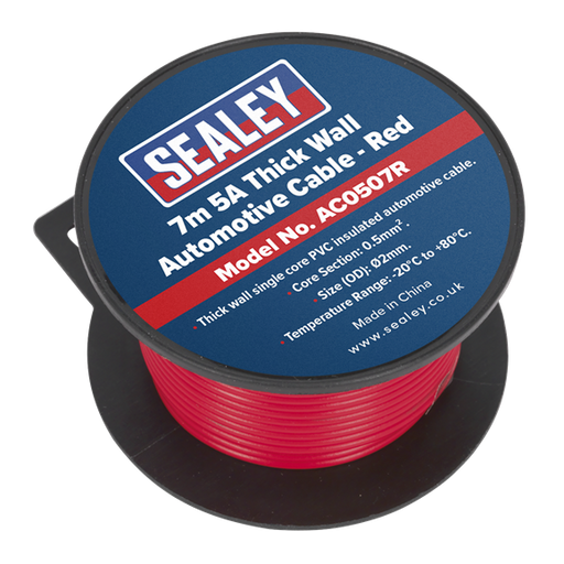 Sealey Automotive Cable Thick Wall 5A 7m Red AC0507R Sealey  - Dynamic Drive