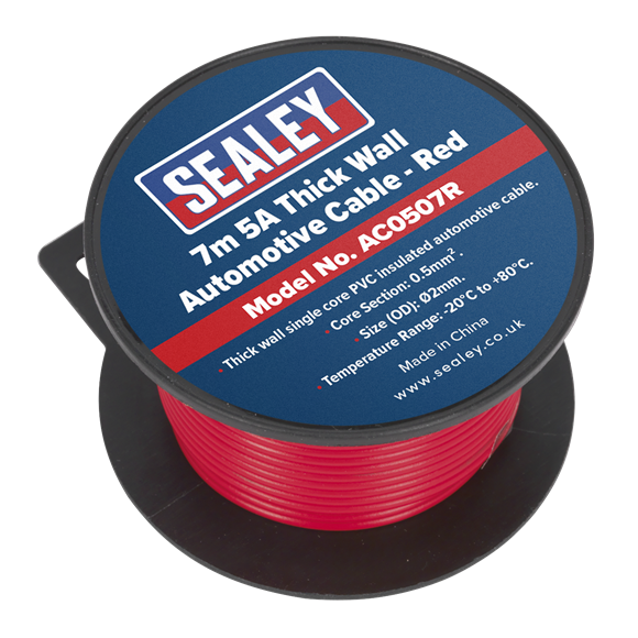 Sealey Automotive Cable Thick Wall 5A 7m Red AC0507R Sealey  - Dynamic Drive