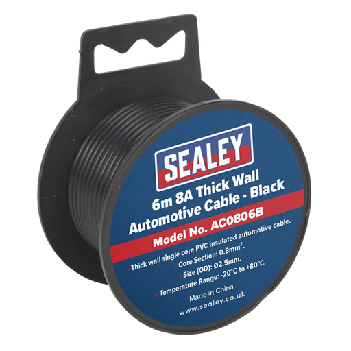 Sealey Automotive Cable Thick Wall 8A 6m Black AC0806B Sealey  - Dynamic Drive