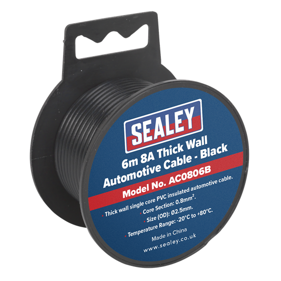 Sealey Automotive Cable Thick Wall 8A 6m Black AC0806B Sealey  - Dynamic Drive