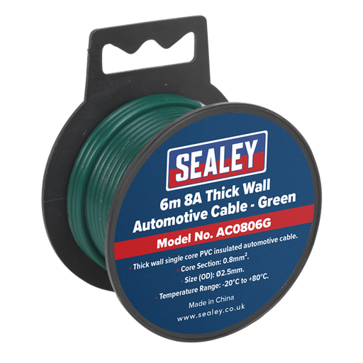 Sealey Automotive Cable Thick Wall 8A 6m Green AC0806G Sealey  - Dynamic Drive