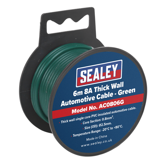 Sealey Automotive Cable Thick Wall 8A 6m Green AC0806G Sealey  - Dynamic Drive