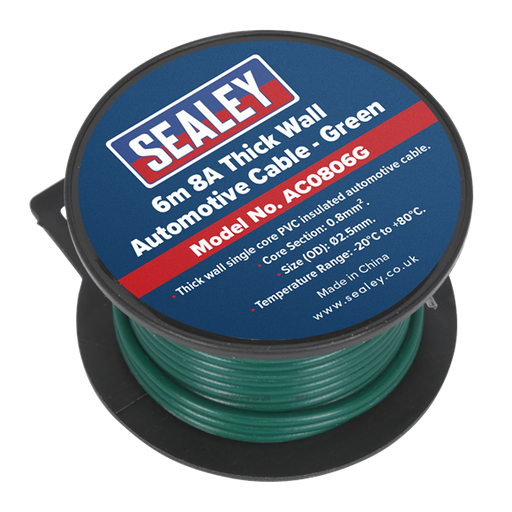 Sealey Automotive Cable Thick Wall 8A 6m Green AC0806G Sealey  - Dynamic Drive