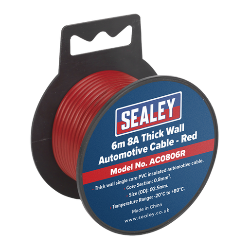 Sealey Automotive Cable Thick Wall 8A 6m Red AC0806R Sealey  - Dynamic Drive