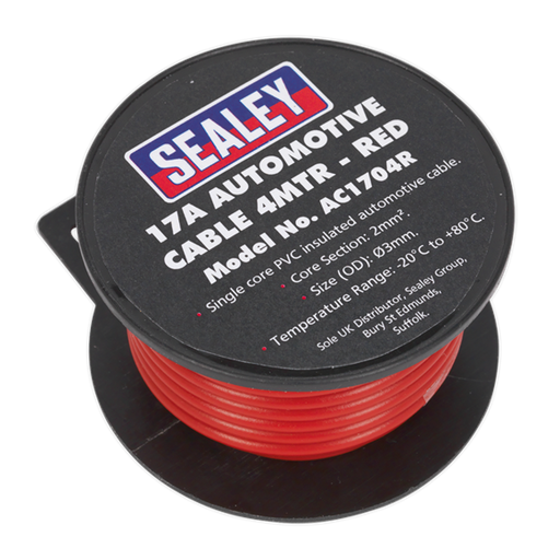 Sealey Automotive Cable Thick Wall 17A 4m Red AC1704R Sealey  - Dynamic Drive