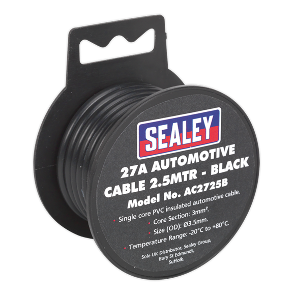 Sealey Automotive Cable Thick Wall 27A 2.5m Black AC2725B Sealey  - Dynamic Drive