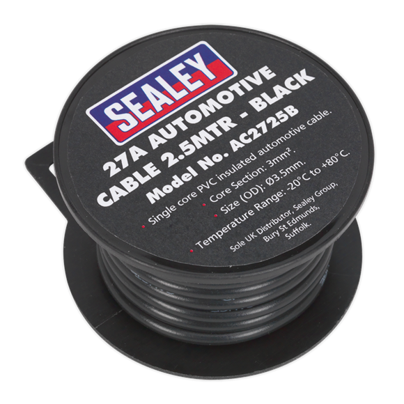 Sealey Automotive Cable Thick Wall 27A 2.5m Black AC2725B Sealey  - Dynamic Drive