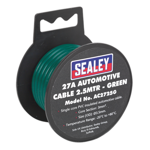 Sealey Automotive Cable Thick Wall 27A 2.5m Green AC2725G Sealey  - Dynamic Drive