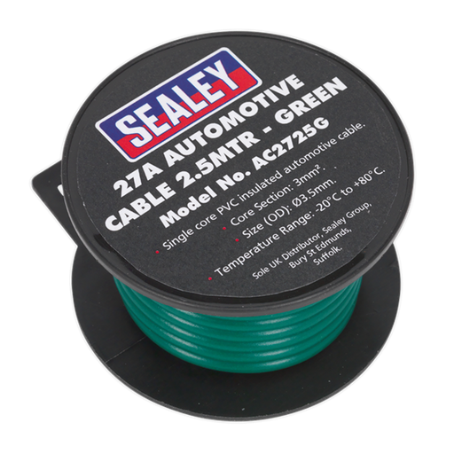 Sealey Automotive Cable Thick Wall 27A 2.5m Green AC2725G Sealey  - Dynamic Drive