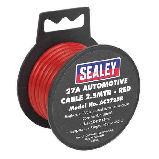 Sealey Automotive Cable Thick Wall 27A 2.5m Red AC2725R Sealey  - Dynamic Drive