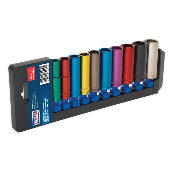 Sealey Multi-Coloured Socket Set 10pc 3/8"Sq Drive 6pt Deep WallDrive Metric