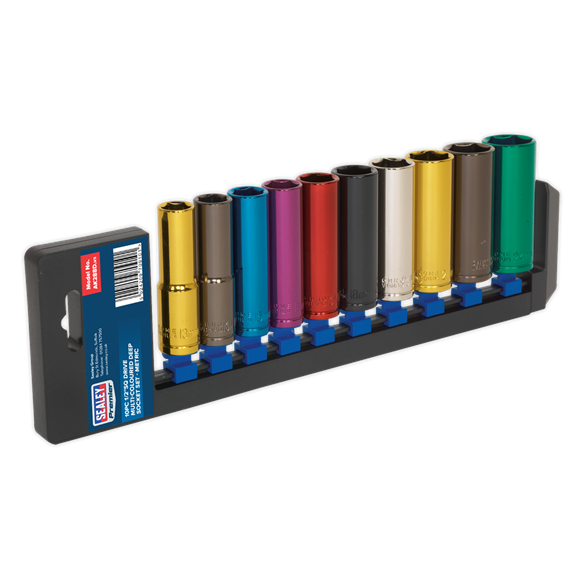 Sealey Multi-Coloured Socket Set 10pc 1/2"Sq Drive 6pt Deep WallDrive Metric