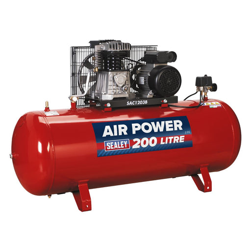 Sealey Air Compressor 200L Belt Drive 3hp with Cast Cylinders SAC1203B Sealey  - Dynamic Drive