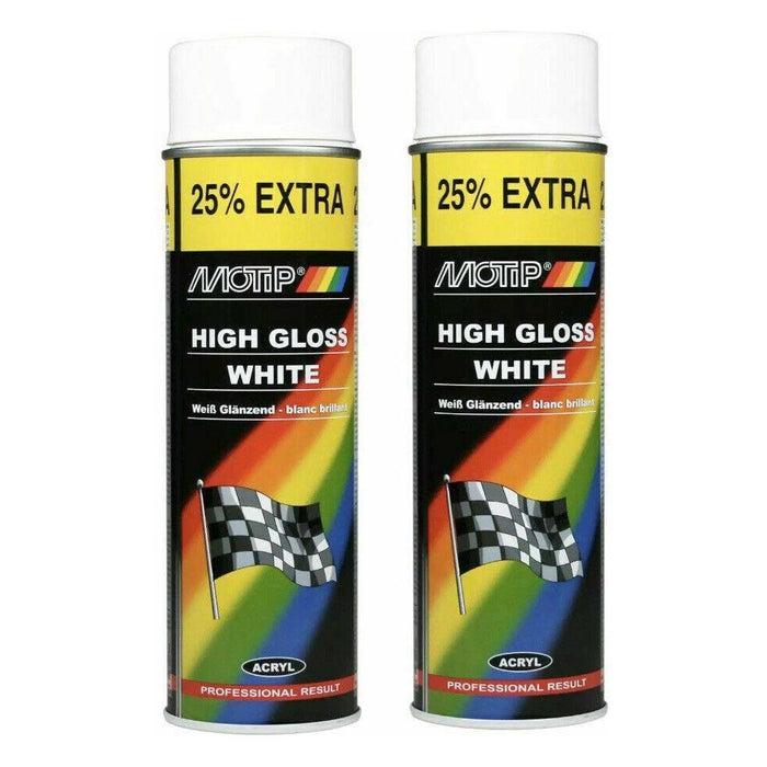 2 x Motip HIGH GLOSS WHITE Spray Paint Metal Wood Glass Plastic 500ml