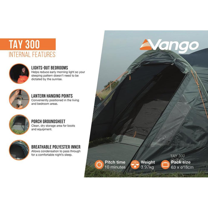 Vango Tay 300 Tent 3 Person Man Waterproof Outdoor Camping Hiking Festival Vango  - Dynamic Drive