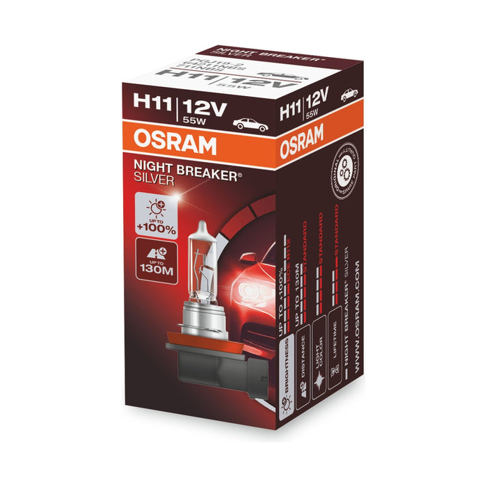 Osram NIGHT BREAKER SILVER H11, +100% more brightness, halogen headlamp, 64211NB