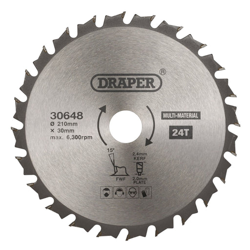 Draper TCT Multi-Purpose Circular Saw Blade, 210 x 30mm, 24T 30648 Draper  - Dynamic Drive