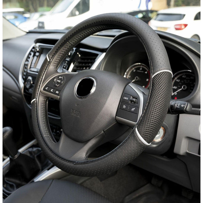 Leather Look Black & Grey Vented Steering Wheel Cover for Land Rover Range Rover UKB4C  - Dynamic Drive