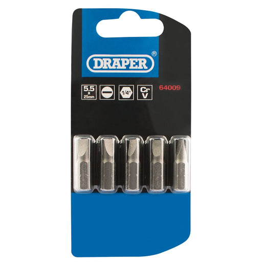 Draper Plain Slot Insert Bit, 5.5mm, 1/4" Hex, 25mm Long (Pack of 5) 64009 Draper  - Dynamic Drive