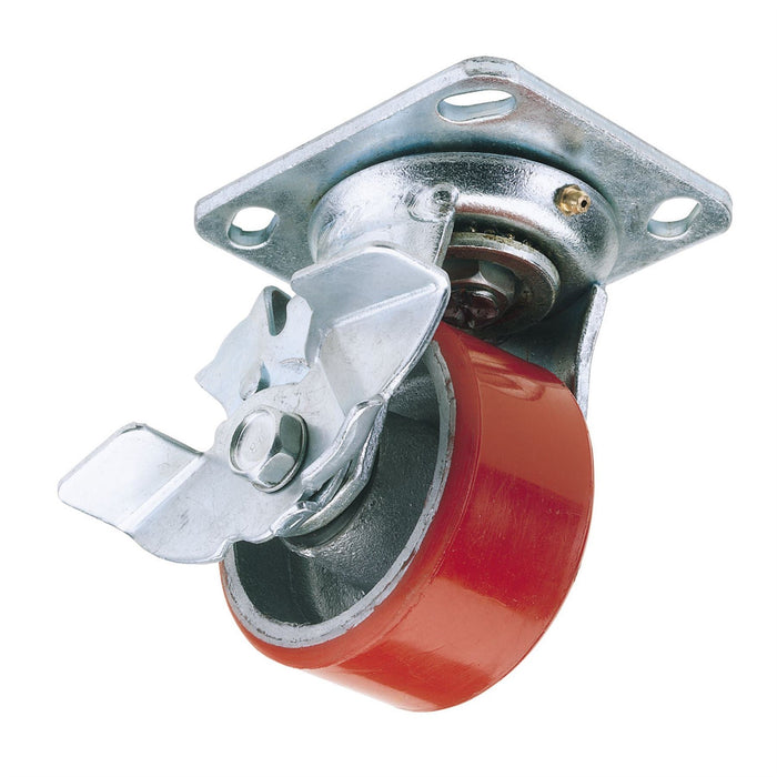 Draper Swivel Plate Fixing Heavy Duty Polyurethane Wheel with Brake, 125mm Diame