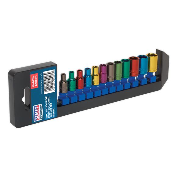 Sealey 12pc 1/4" Drive Multi Coloured Hex Socket Set 4-13mm WallDrive Sealey  - Dynamic Drive