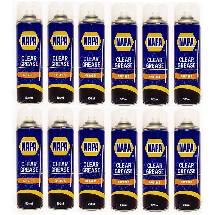 12x NAPA Clear Spray Grease 500ml Water Resistant Aerosol Lubricant PTFE Chain