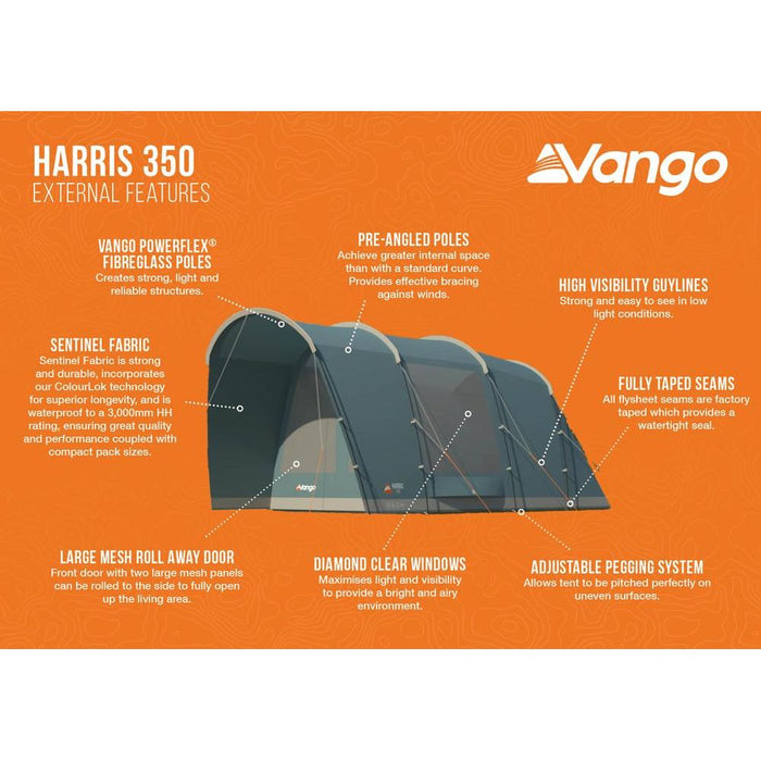 Vango Harris 350 Tent 3 Man Family Weekend Poled Porch Tunnel Tent Vango  - Dynamic Drive