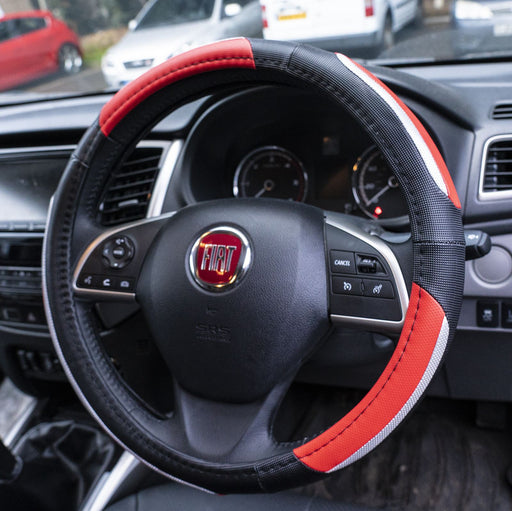 Simply Luxury Steering Wheel Cover Black Red & Chrome 15" Universal Protector Simple  - Dynamic Drive