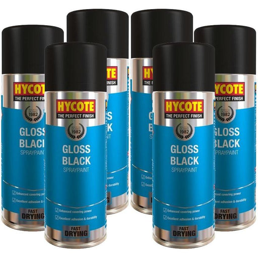 6 X Hycote Aerosol Gloss Black Lacquer Spray Paint Auto Car Multi-Purpose 400Ml Hycote  - Dynamic Drive