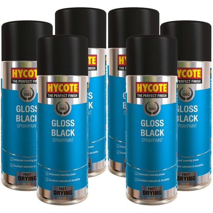 6 X Hycote Aerosol Gloss Black Lacquer Spray Paint Auto Car Multi-Purpose 400Ml Hycote  - Dynamic Drive