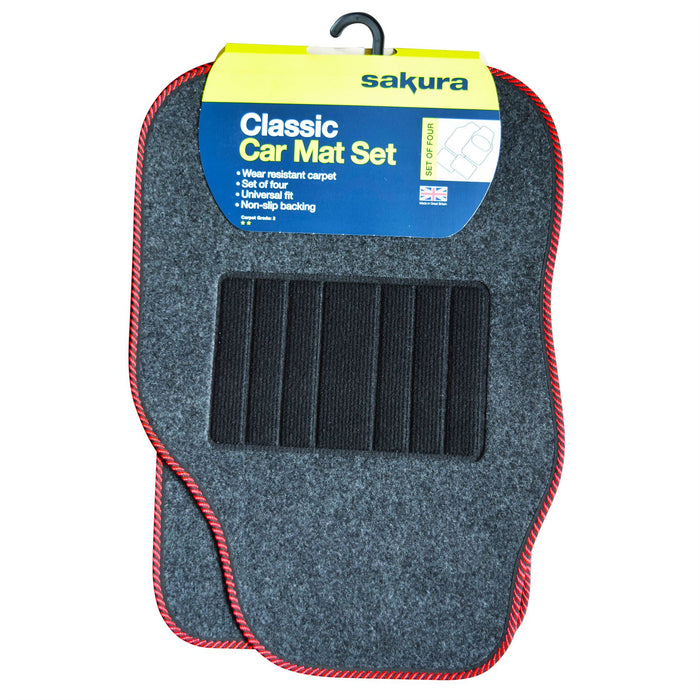 Grey Carpet Car Floor Mat Set + RED Trim Universal Fit Town Parts  - Dynamic Drive