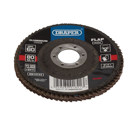 Draper Aluminium Oxide Flap Disc, 115 x 22.23mm, 60 Grit 82360 Draper  - Dynamic Drive