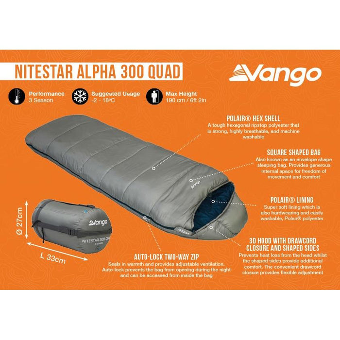 Vango Nitestar Alpha 300 Quad Sleeping Bag Square 3 Season Camping Vango  - Dynamic Drive