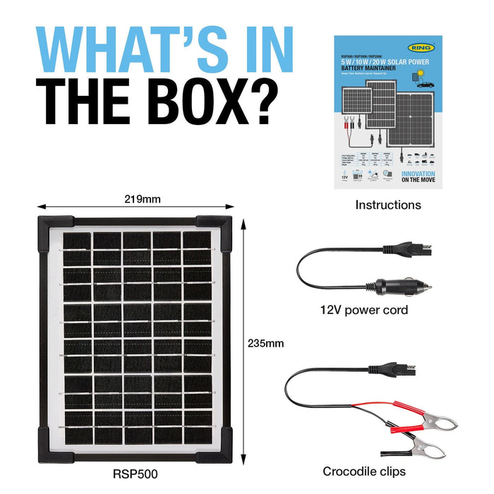 Ring Automotive RSP500 5W Solar Panel Battery Maintainer 18v Monocrystalline Cel