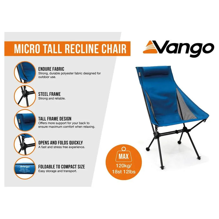 Vango Micro Tall Recline Folding Chair Tall Mykonos Blue Vango  - Dynamic Drive