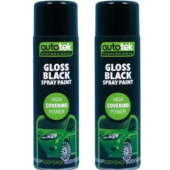 2x AUTOTEK Professional Gloss Black 500ml Spray Paint High Coverage Autotek  - Dynamic Drive