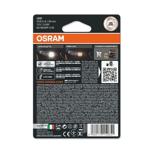 6418DWP-01B Osram LED C5W 36mm Festoon Interior Bulb Cool White 0.6W 12v SV8.5-8 Osram  - Dynamic Drive