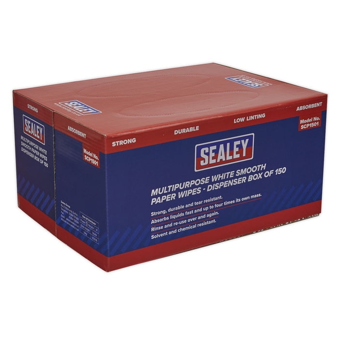 Sealey Multipurpose Paper Wipes in Dispenser Box Smooth White 73gsm 150 Sheets