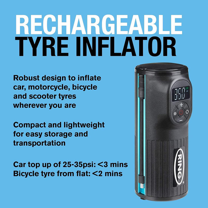 Ring Handheld Digital Tyre Inflator Air Compressor USB LED Cordless