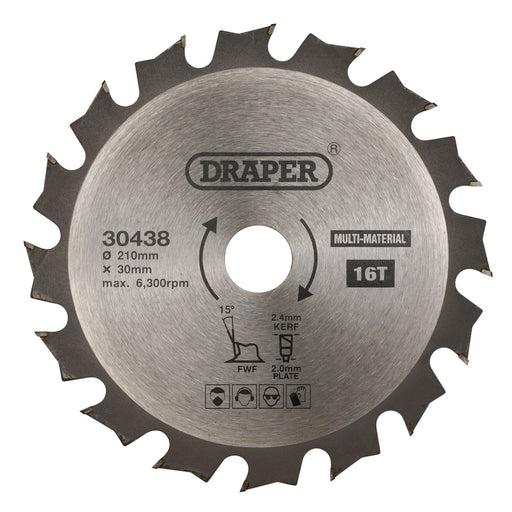 Draper TCT Multi-Purpose Circular Saw Blade, 210 x 30mm, 16T 30438 Draper  - Dynamic Drive