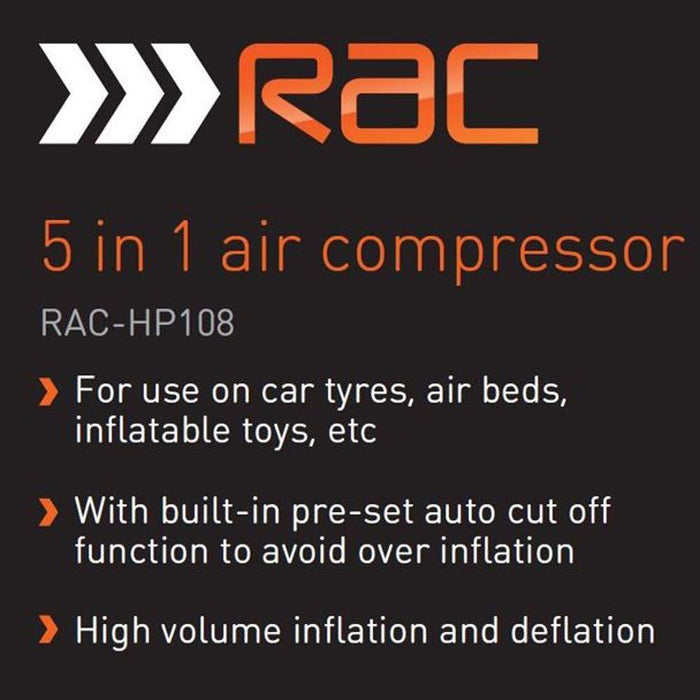 Heavy Duty RAC 12V 5 In 1 Air Compressor Torch Tyre Inflator Deflator Pump