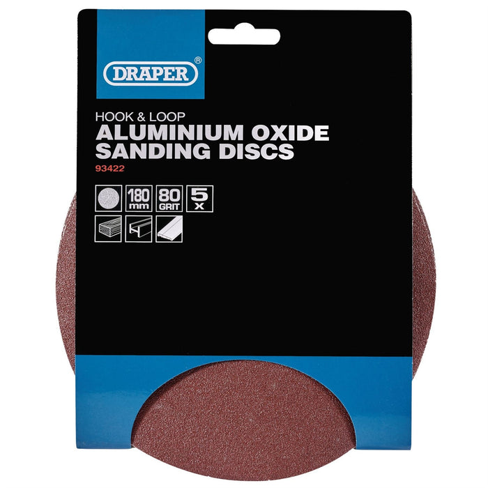 Draper Hook and Loop Aluminium Oxide Sanding Discs, 180mm, 80 Grit (Pack of 5)