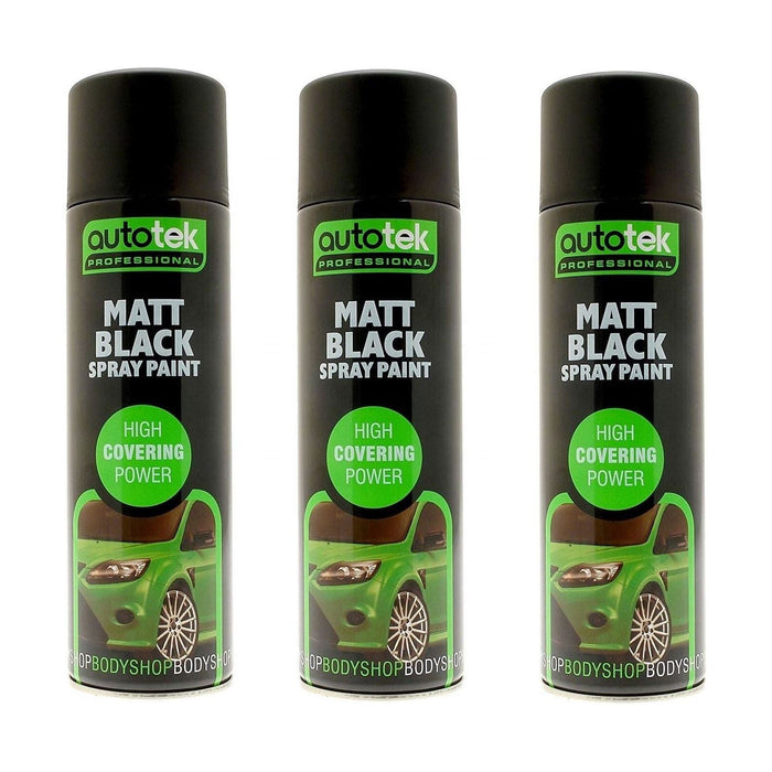 3 X Autotek Matt Black Paint Spray Aerosol 500Ml High Coverage Matt Black