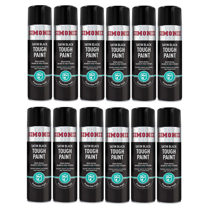 12 x Simoniz Large Tough Satin Black Aerosol Car Auto Spray Paint 500ml SIMONIZ  - Dynamic Drive