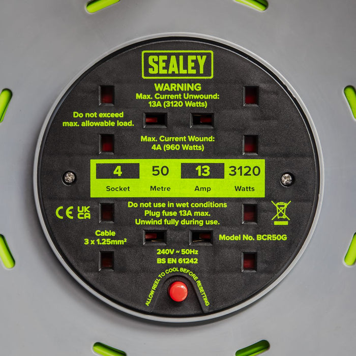 Sealey 50m Cable Reel with Thermal Trip 4 x 230V - Hi-Vis Green BCR50G Sealey  - Dynamic Drive