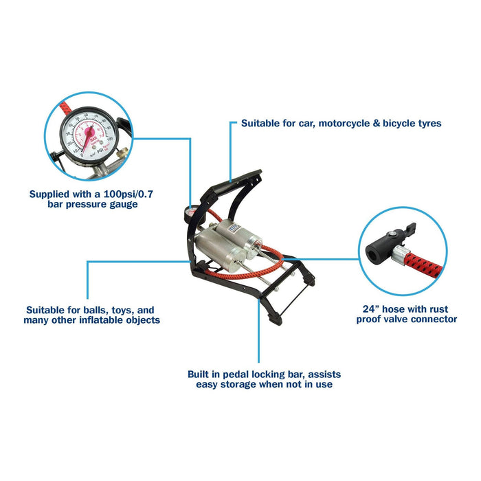 Streetwize De-Luxe Quality Twin Cylinder Foot Pump (270 Gauge)