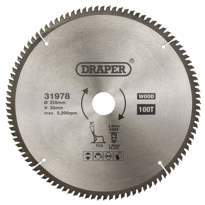 Draper TCT Triple Chip Grind Circular Saw Blade, 255 x 30mm, 100T 31978 Draper  - Dynamic Drive