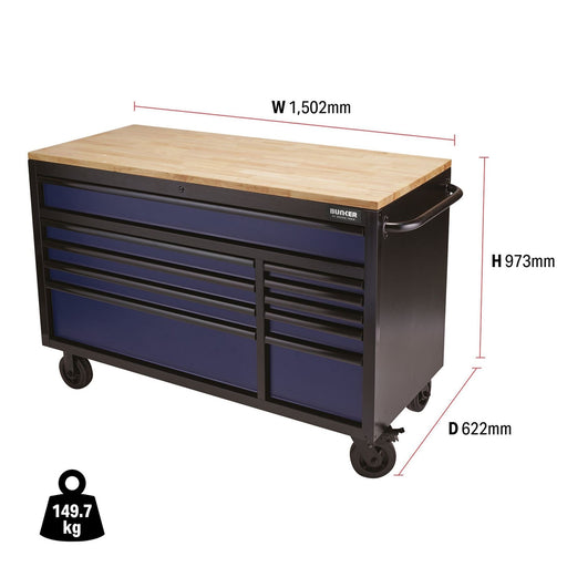 Draper BUNKER Workbench Roller Tool Cabinet, 10 Drawer, 56", Blue 08237 Draper  - Dynamic Drive